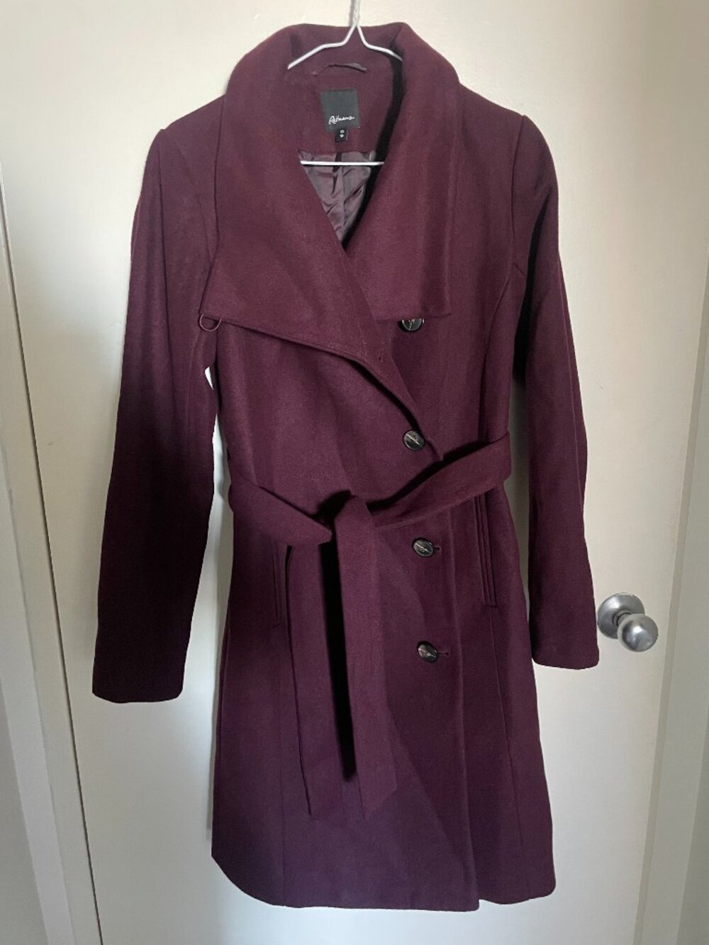 Reitmans XS Burgundy Maroon Wine Pea Coat with Belt